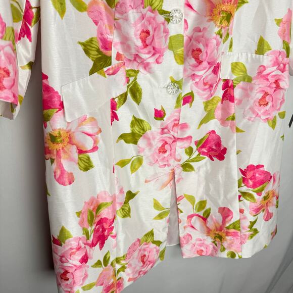 Danillo Woman Floral Textured Satin Long Blazer 3/4 Sleeve Button Up Elegant 20W - Picture 5 of 14